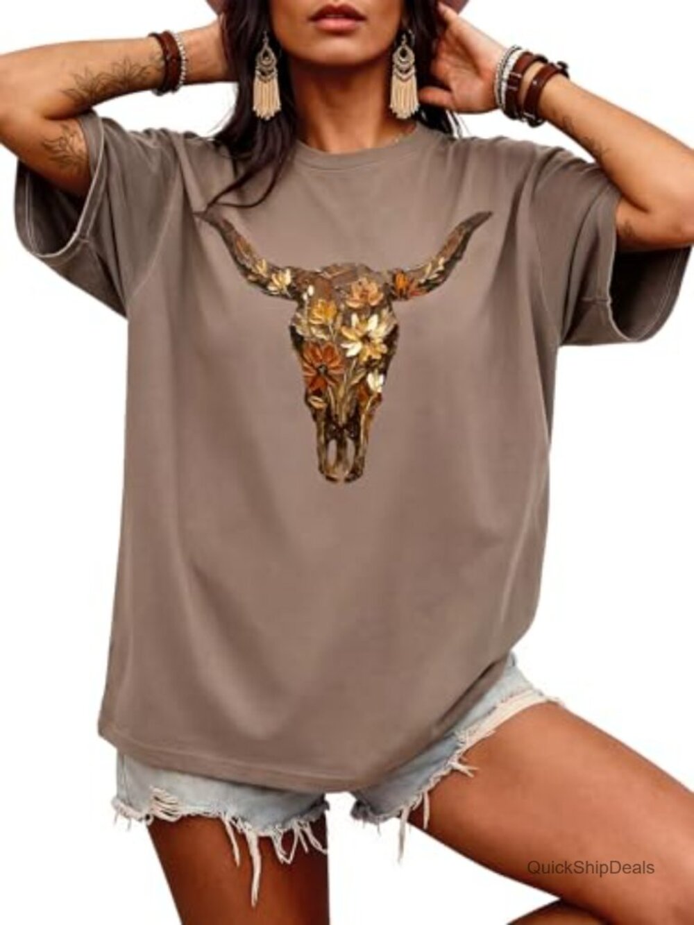 Western Cowgirl Graphic T-Shirt Oversized Cotton Blend Crew Neck Short Sleeve